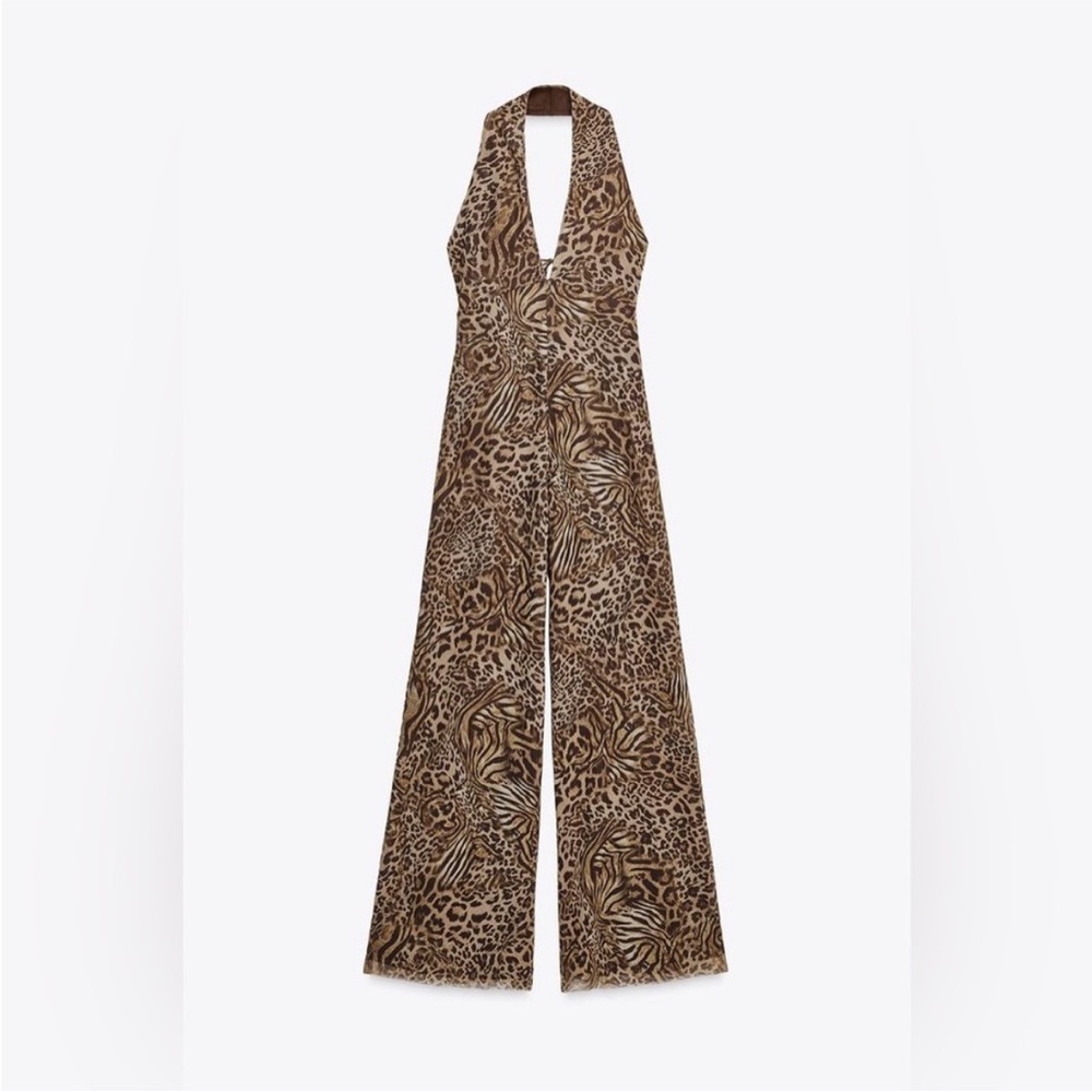 Animal print tulle halter jumpsuit